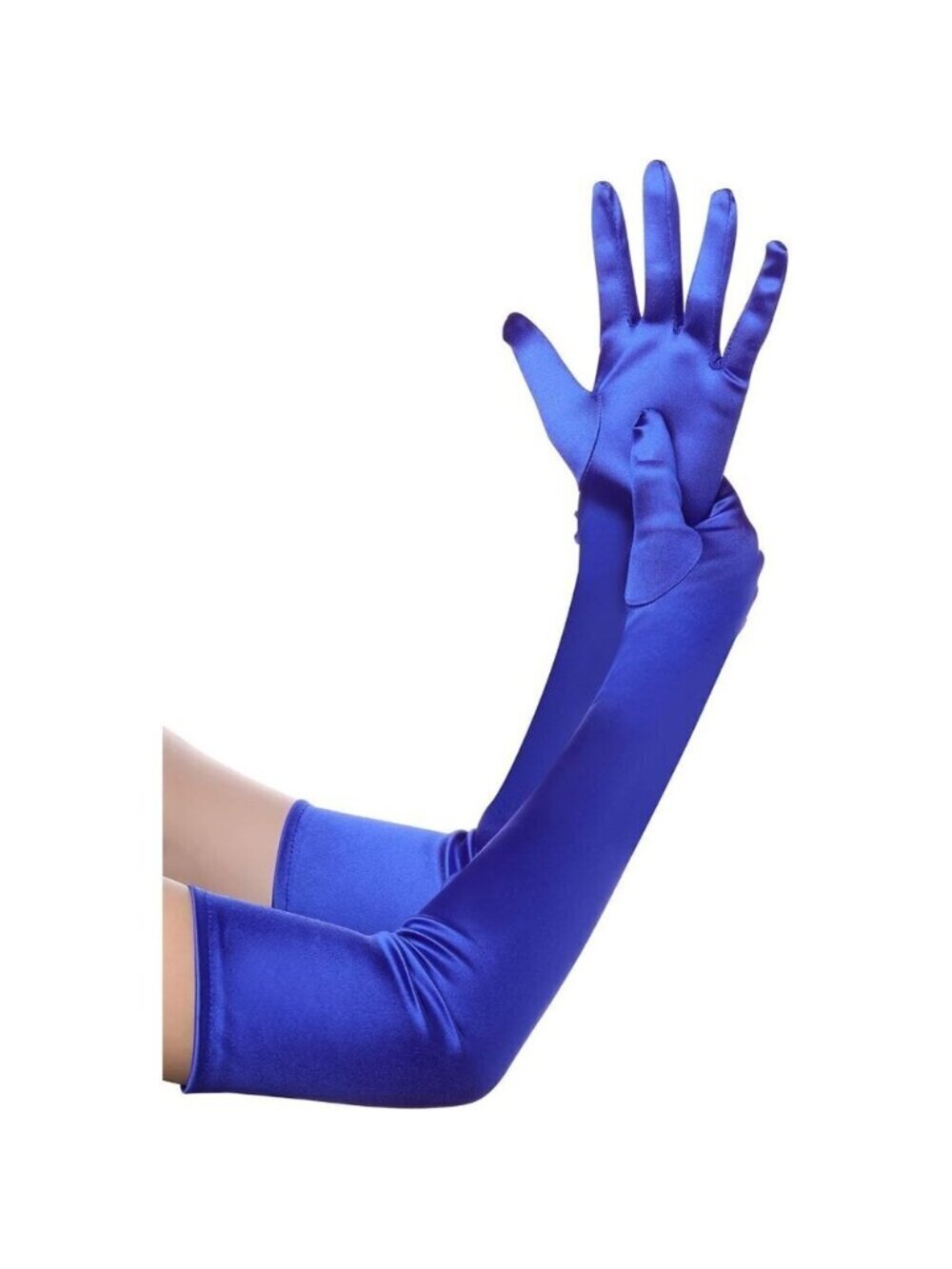 Women's Blue Long Opera Party 20s Satin Gloves Stretchy Arm Cover Elbow Length